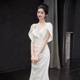 2025 Fish tail satin light wedding dress simple Korean Mori super fairy engagement dress white square neck door yarn covering thick arms