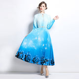 style high-end hollow bead round neck lantern sleeve strap waist temperament long printed pleated dress
