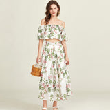 Real shot, sexy off-the-shoulder tencel cotton lotus leaf print lace medium-sleeved top + skirt two-piece set looks thin
