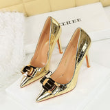 2025 18249-K91  style banquet super high heel women's single shoes patent leather metal bow splicing stiletto high heels