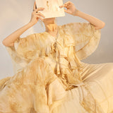 The national style is beautiful, high-end lotus leaf edge smudged fairy long dress, female summer new Chinese light luxury dress N3053