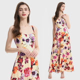 real shot, new summer printing, rubber elastic vest, high waist with chest pad, big pendulum A-shaped dress.