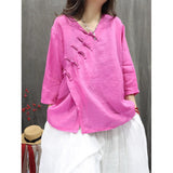 Spring and summer  literary printing diagonal placket button-up national style shirt commuting thin versatile seven-quarter sleeve pullover