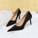 2025 1983-1 Korean version of fashionable and simple high heels, stiletto high heels, shallow mouth pointed nightclub sexy and thin satin single shoes