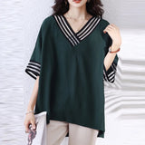 Large size summer V-neck splicing loose medium-sleeved top, fat mother covering meat and showing thinness and reducing age, high-end casual women's T-shirt