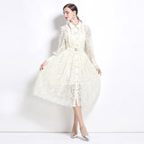 Spring and autumn new lapel heavy industry hook flower hollowed out  lace dress women's sexy swinging knee-length skirt
