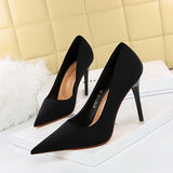 2025 18249-2 Korean version of fashionable pedicure, delicate and thin high heels, thin heels, super high heels, satin light mouth pointed single shoes