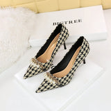 2025 9283-A1  fine heel high heel shallow mouth pointed head cloth surface plaid pattern thousand bird grid metal chain pearl single shoes