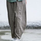 Shan Qian Nianyi, neutral literary and artistic spring and summer cotton and linen soft and comfortable blue plaid casual wide-leg pants
