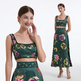 Real summer new product retro flower popping bead design metal short-sleeved zipper high-waisted pendulum top + skirt