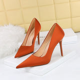 2025 1983-1 Korean version of fashionable and simple high heels, stiletto high heels, shallow mouth pointed nightclub sexy and thin satin single shoes