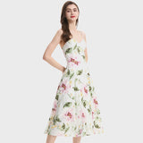 Real shot elegant short-sleeved retro floral adjustable shoulder strap sleeveless high-waisted pendulum A-word suspender dress