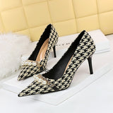 2025 9283-A1  fine heel high heel shallow mouth pointed head cloth surface plaid pattern thousand bird grid metal chain pearl single shoes