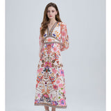 Real shot, elegant and sexy, high waist V-neck pendulum, elastic cuffs, positioning printing, bubble sleeve A-shaped dress.