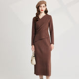 Real shot, fashionable thickened V-neck bottomed knitted sweater + vest dress, two-piece set, long-sleeved autumn and winter