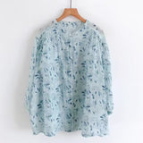Shirt women  summer new loose large size retro stand-up collar literary fresh blue floral seven-quarter sleeve top