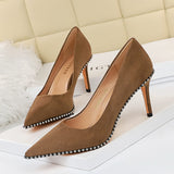 2025 1829-5  style sexy nightclub showing thin super high heel thin heel suede light mouth metal chain pointed women's single shoes