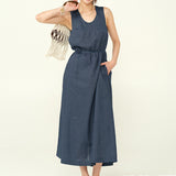 2025 25 spring and summer handmade rose U-neck casual lazy long dress minimalist loose and thin A version vest linen dress women