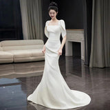 2025 Fish tail satin light wedding dress simple Korean Mori super fairy engagement dress white square neck door yarn covering thick arms