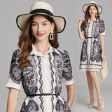 Real shot, summer new product classic black and white cashew flower shirt dress, free belt, short sleeves, slim fit and versatile.