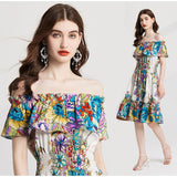 Real shot, sexy off-the-shoulder ruffle edge one-word shoulder, rubber band elastic waist, ruffle edge hem A-shaped skirt