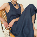 2025 25 spring and summer handmade rose U-neck casual lazy long dress minimalist loose and thin A version vest linen dress women