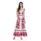 real shot, positioning flower print, ruffle edge, pleated suspender skirt, slim-fitting high-waisted A-shaped dress.