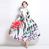 style high-end hollow bead round neck lantern sleeve strap waist temperament long printed pleated dress