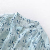 Shirt women  summer new loose large size retro stand-up collar literary fresh blue floral seven-quarter sleeve top