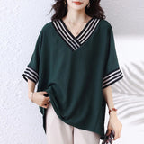Large size summer V-neck splicing loose medium-sleeved top, fat mother covering meat and showing thinness and reducing age, high-end casual women's T-shirt