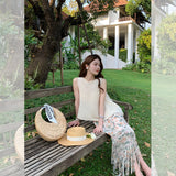 Xiaohongshu popular hot sale live broadcast model white elegant lazy three house sleeveless top pleated fringed skirt women