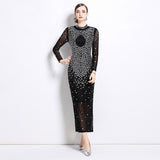 style sexy hot girls dress women's long-sleeved crew neck mesh stitching diamond-set slim-fitting slim-looking hip-wrapped dress tide