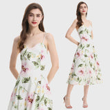 Real shot elegant short-sleeved retro floral adjustable shoulder strap sleeveless high-waisted pendulum A-word suspender dress