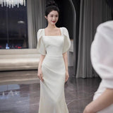 2025 Fish tail satin light wedding dress simple Korean Mori super fairy engagement dress white square neck door yarn covering thick arms