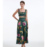 Real summer new product retro flower popping bead design metal short-sleeved zipper high-waisted pendulum top + skirt