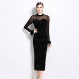Temperament Celebrity Women's Dress  Sexy Perspective Mesh Cuffs Fluffy Splicing Sequins Velvet Dress