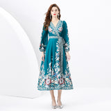 Spring and Autumn Retro Court Style Lantern Long Sleeve V-Neck Waist Skinny Lace-up A-Word Positioning Printed Dress Dress