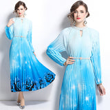 style high-end hollow bead round neck lantern sleeve strap waist temperament long printed pleated dress