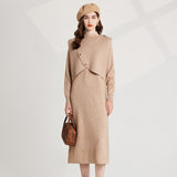 Real shot, fashionable thickened personalized semi-turtleneck bottomed knitted vest + long-sleeved dress, two-piece set