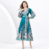 Spring and Autumn Retro Court Style Lantern Long Sleeve V-Neck Waist Skinny Lace-up A-Word Positioning Printed Dress Dress