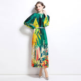 style high-end hollow bead round neck lantern sleeve strap waist temperament long printed pleated dress