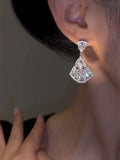 Temperament high sense zircon fan earrings versatile Popular super flash stud earrings niche design light luxury silver needle earrings women