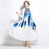 style high-end hollow bead round neck lantern sleeve strap waist temperament long printed pleated dress