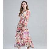 Real shot, elegant and sexy, high waist V-neck pendulum, elastic cuffs, positioning printing, bubble sleeve A-shaped dress.