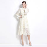 Spring and autumn new lapel heavy industry hook flower hollowed out  lace dress women's sexy swinging knee-length skirt