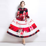 women's clothing elegant dress women's fashion beaded round neck hollow pleated lantern sleeve waist printed long dress