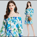 Real shot, floral print, sexy elastic one-word shoulder, long-sleeved elastic cuffs with streamer loose dress