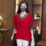 Large size summer V-neck splicing loose medium-sleeved top, fat mother covering meat and showing thinness and reducing age, high-end casual women's T-shirt