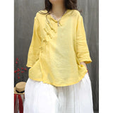 Spring and summer  literary printing diagonal placket button-up national style shirt commuting thin versatile seven-quarter sleeve pullover