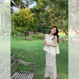 Xiaohongshu popular hot sale live broadcast model white elegant lazy three house sleeveless top pleated fringed skirt women